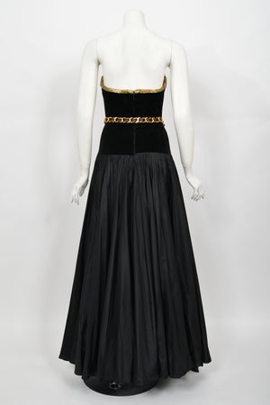 1985 Chanel Documented Runway Metallic Beaded Gold Lamé & Black Silk Strapless Gown