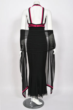 1994 Chanel by Karl Lagerfeld Black Sheer Silk Chiffon Pink Cashmere Trimmed Maxi Dress w/ Shawl