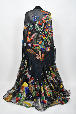 1989 Gianni Versace Haute Couture Beaded Circus Novelty Strapless Gown and Shawl