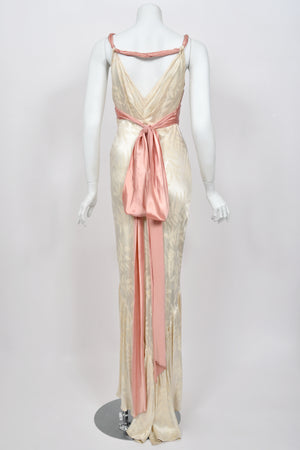 1930’s Ivory Leaf Motif & Blush Pink Silk Satin Floral Appliqué Bias-Cut Trained Couture Gown