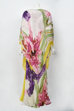 2005 Roberto Cavalli Large-Scale Floral Silk Bustier High-Slit Gown & Shawl