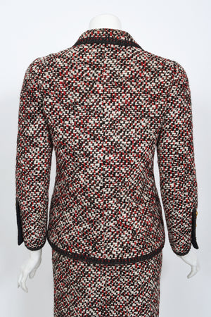1973 Chanel Haute Couture Red Black Ivory Wool Tweed Jacket & Skirt Suit