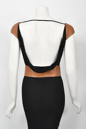 2001 Versace Couture Documented Runway Black Sheer Silk & Leather Bias-Cut Gown