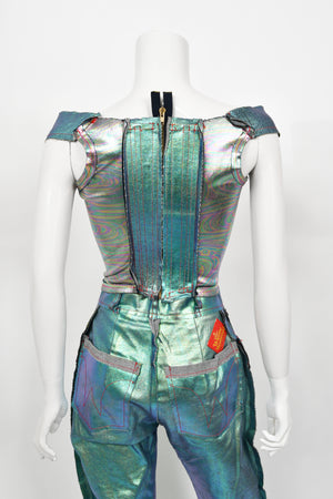 1993 Vivienne Westwood Runway Metallic Denim Corset Bustier Top & Pants