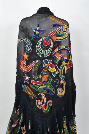 1989 Gianni Versace Haute Couture Beaded Circus Novelty Strapless Gown and Shawl