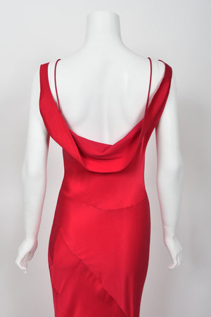1994 John Galliano Ruby Red Off Shoulder Bias-Cut Gown Worn by Raquel Welch