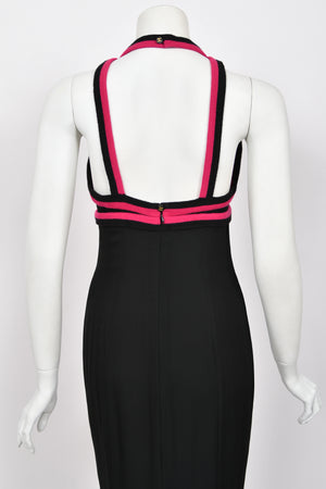 1994 Chanel by Karl Lagerfeld Black Sheer Silk Chiffon Pink Cashmere Trimmed Maxi Dress w/ Shawl