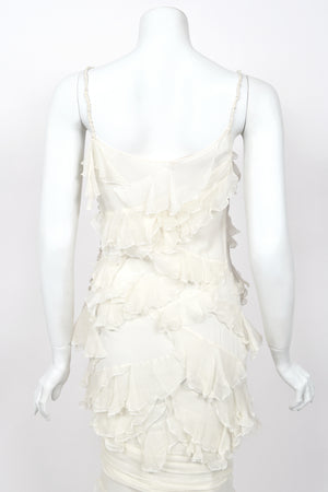 2006 John Galliano Ivory Tiered Ruffle Sheer Silk Chiffon Pearl Straps Bias-Cut Slip Gown