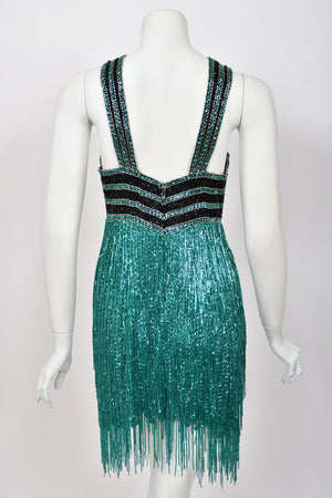 1990 Bob Mackie Teal-Green & Black Beaded Fringe Backless Cocktail Dress