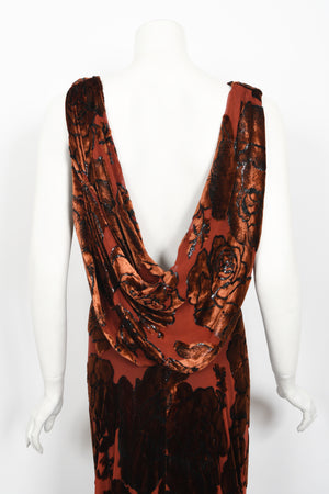 1999 Galindo Couture Metallic Amber Devoré Velvet Bias-Cut Trained Gown