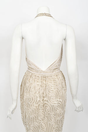 1970's Halston Couture Ivory Beaded Sheer Lace Backless Halter Wrap Gown
