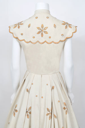 1949 Jacques Fath Attributed Haute Couture Embroidered Beaded Eyelet Cream Linen Gown
