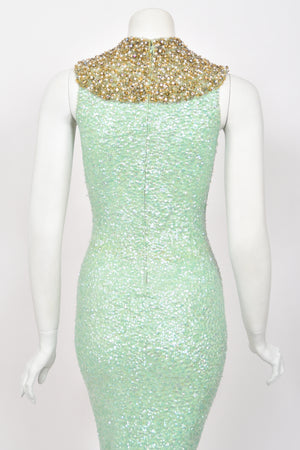 1960's Gene Shelly Seafoam Fully- Sequin Stretch Knit Beaded Collar Hourglass Gown