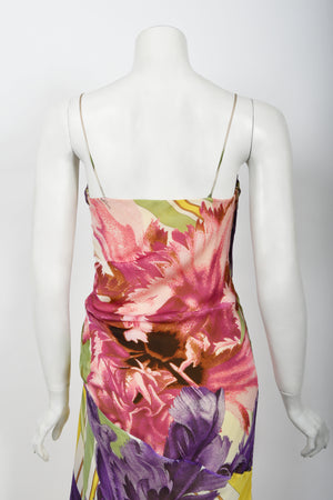 2005 Roberto Cavalli Large-Scale Floral Silk Bustier High-Slit Gown & Shawl