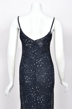 1998 Moschino Runway Navy Blue Sheer Silk Chiffon Star Motif Rhinestone Maxi Slip Dress