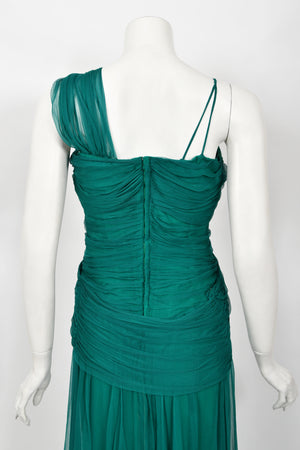 1958 Irene Lentz Couture Teal Green Draped Silk Grecian Goddess Gown