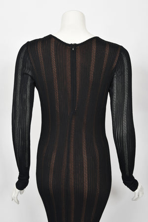 1996 Azzedine Alaia Black Nude-Illusion Knit Bodycon Floor Length Gown