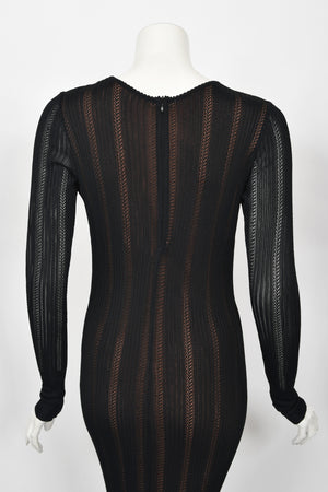 1996 Azzedine Alaïa Black Nude-Illusion Silky Knit Bodycon Floor Length Gown