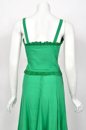 1976 Biba Emerald Green Cotton Lace-Up Corset Top & Matching Maxi Skirt