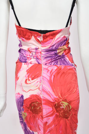 2001 Dolce & Gabbana Floral Stretch Silk Built-In Bra Hourglass Slip Dress