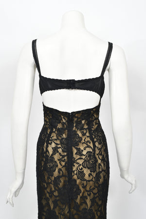 1997 Dolce & Gabbana Sheer Black Stretch Lace Built-In Bra Slip Gown