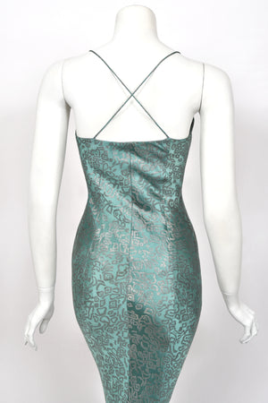 1999 Christian Dior by John Galliano Metallic Teal Blue Lamé Silk Bias-Cut Slip Gown