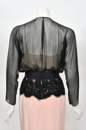 1986 Oscar de la Renta Documented Runway Black Sheer Chiffon & Pink Silk Gown