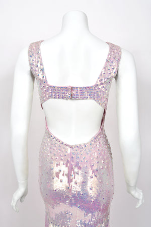 2012 Blumarine Runway Iridescent Lilac Pink Fully Sequin Cut-Out Hourglass Mermaid Gown