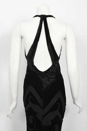 1997 Galindo Couture Black Devoré Velvet Bias-Cut Halter Trained Gown