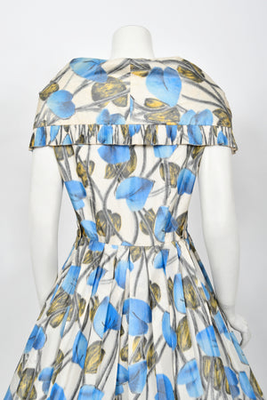 1956 Christian Dior Couture Blue Floral Silk Portrait Collar New Look Dress
