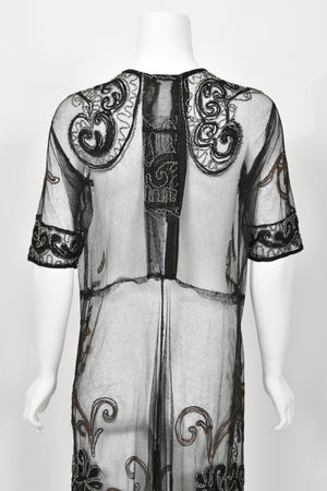 1920's Embroidered Black Sheer Mixed-Lace Beaded Art Deco Motif Dress