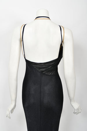 1998 Versace Couture Black Stretch Knit & Sheer Silk Cut-Out Hourglass Gown