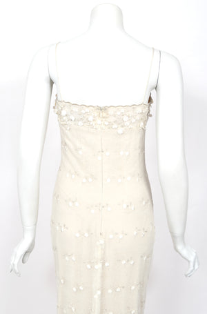 2004 Randi Rahm Couture Embroidered Metallic Ivory Lace Appliqué Trained Slip Gown