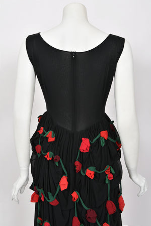 1990 Dolce & Gabbana Black Silk Chiffon Red-Roses Floral Appliqué Dress