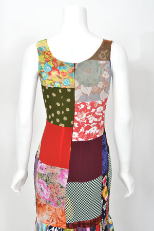 1993 Dolce & Gabbana Documented Colorful Patchwork Silk Hourglass Flounce Gown