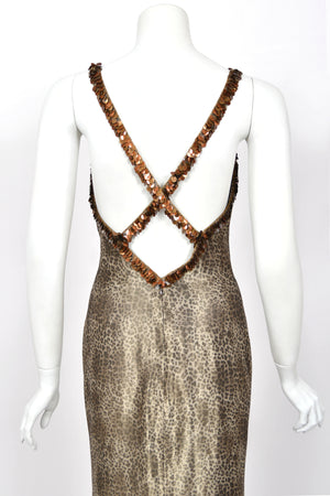 1998 Valentino Runway Semi-Sheer Leopard Print Shimmer Silk Beaded Slip Gown
