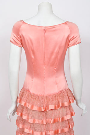 1993 Valentino Runway Blush Pink Silk & Sheer Chantilly-Lace Tiered Ruffle Maxi Dress