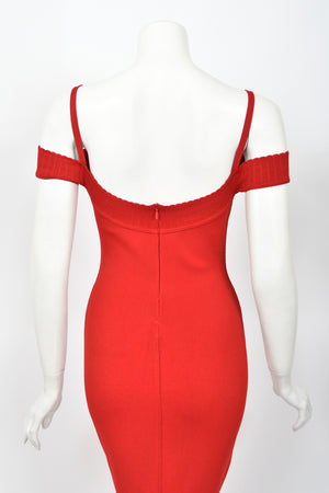 1992 Azzedine Alaia Documented Red Stretch Knit Cold-Shoulder Bodycon Maxi Dress