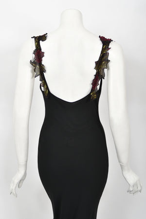 2001 John Galliano Red Chrysanthemum Floral Appliqué Black Silk Chiffon Bias-Cut Gown