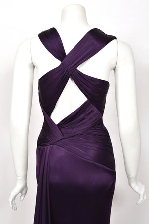 2013 Versace Runway Royal Purple Stretch Jersey Cut-Out High Slit Hourglass Gown