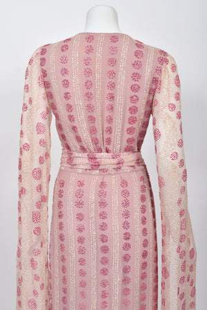 1974 Thea Porter Couture Sparkling Pink Glitter Silk Angel Sleeve Wrap Gown