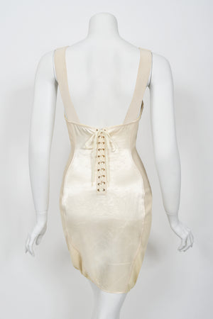 1988 Jean Paul Gaultier Cream Stretch Satin Cone Bra Bustier Corset Mini Dress