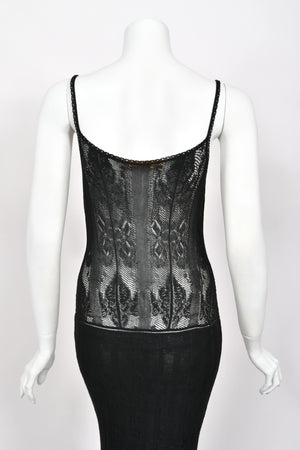 2003 John Galliano Embroidered Floral Sheer Black Pointelle Stretch Knit Bias-Cut Gown