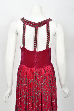 1920's Magenta Pink Beaded & Rhinestone Velvet Back Cut-Out Flapper Dress