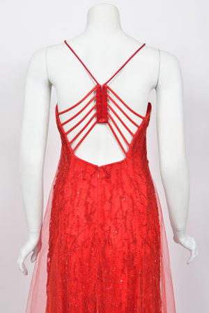 2001 Giorgio Armani 'Kate Moss for Vogue' Magazine Cover Fully-Beaded Ruby Red Silk Tulle Finale Gown