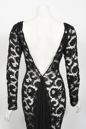 1998 Hanae Mori Haute Couture Beaded Sheer Lace & Chiffon Hourglass Gown