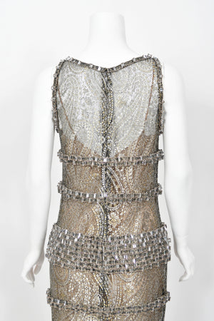 2012 Chanel by Karl Lagerfeld Runway Crystal Beaded Sheer Silver & Gold Lace Dress