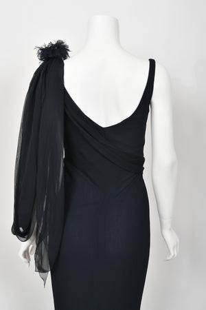 2002 Chanel Cruise Collection Midnight Blue Silk Chiffon Draped Bias-Cut Gown
