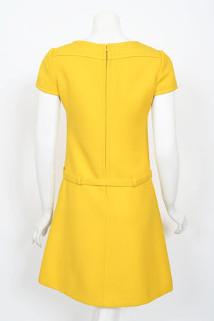 1968 André Courrèges Couture Yellow Wool Belted Space-Age Mod Dress