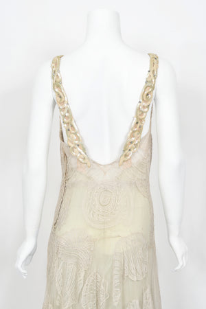 1932 Worth Couture for Elizabeth Arden Sequin Ivory Seashell Motif Lace Gown